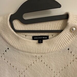 Who What Wear Cream Eyelet-Knit Crew Sweater with Pearl Accent